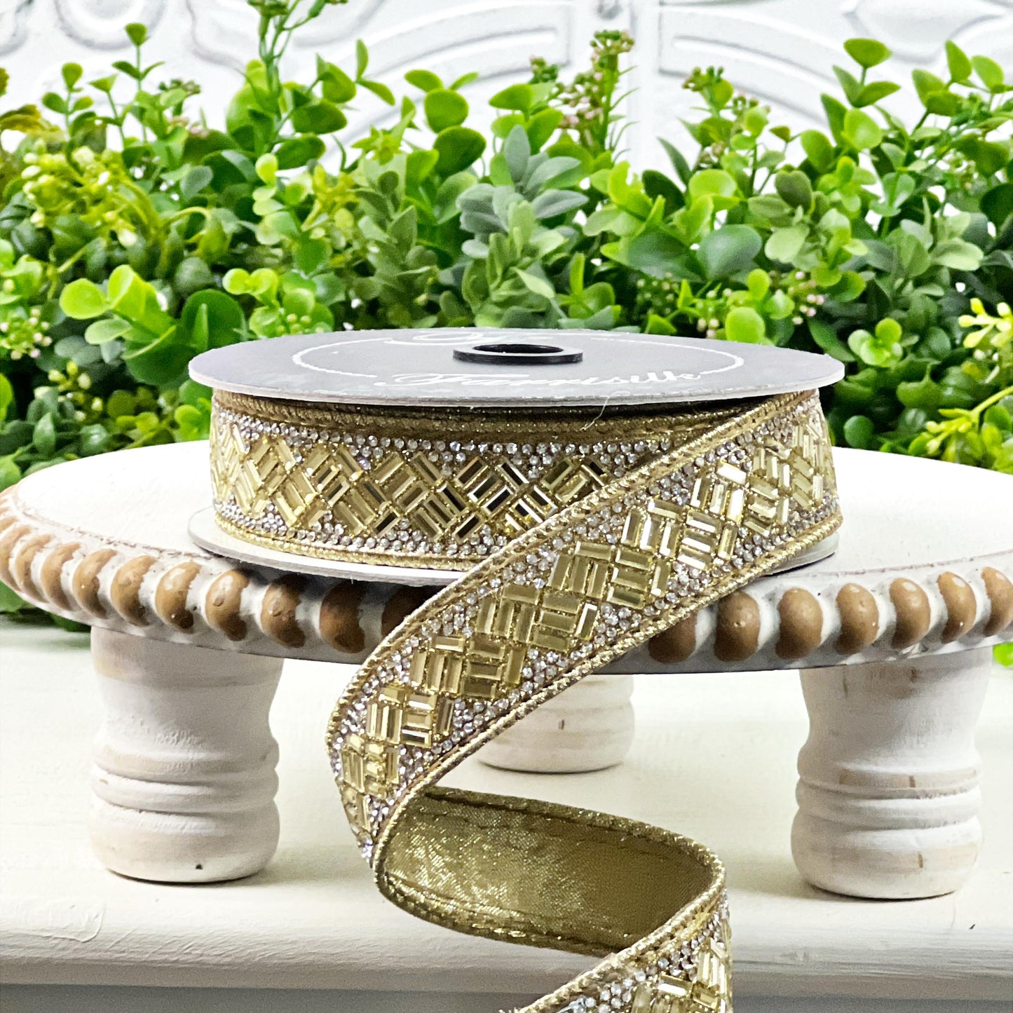 Farrisilk Gold Jeweled Ribbon, Jubilee Jewel Ribbon, Gold Jewel Ribbon, Designer Ribbon with Crystals and Beading, Glam Wired Ribbon