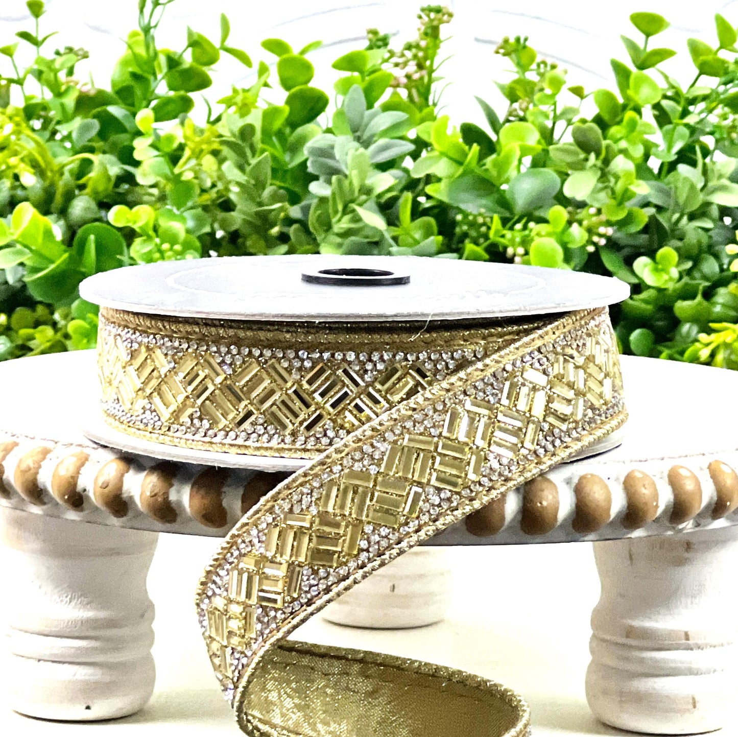 Farrisilk Gold Jeweled Ribbon, Jubilee Jewel Ribbon, Gold Jewel Ribbon, Designer Ribbon with Crystals and Beading, Glam Wired Ribbon