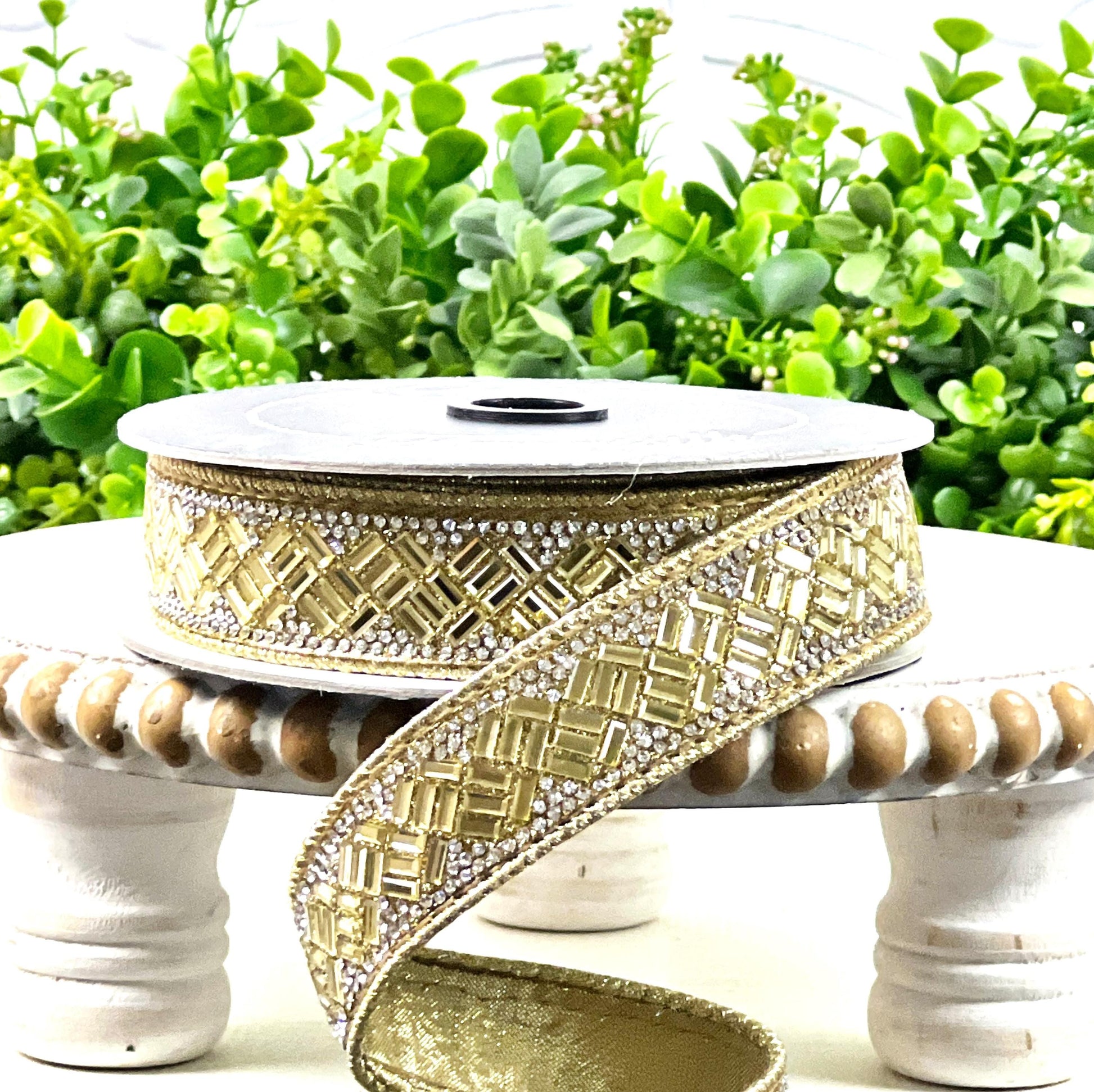 Farrisilk Gold Jeweled Ribbon, Jubilee Jewel Ribbon, Gold Jewel Ribbon, Designer Ribbon with Crystals and Beading, Glam Wired Ribbon