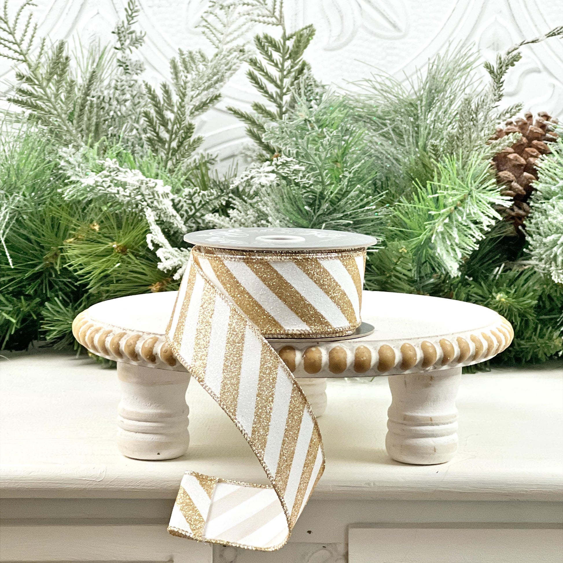 Glittered Striped Ribbon, Gold and White Striped Ribbon, Glitter Stripe Ribbon, Holiday Wired Ribbon, Elegant Designer Ribbon