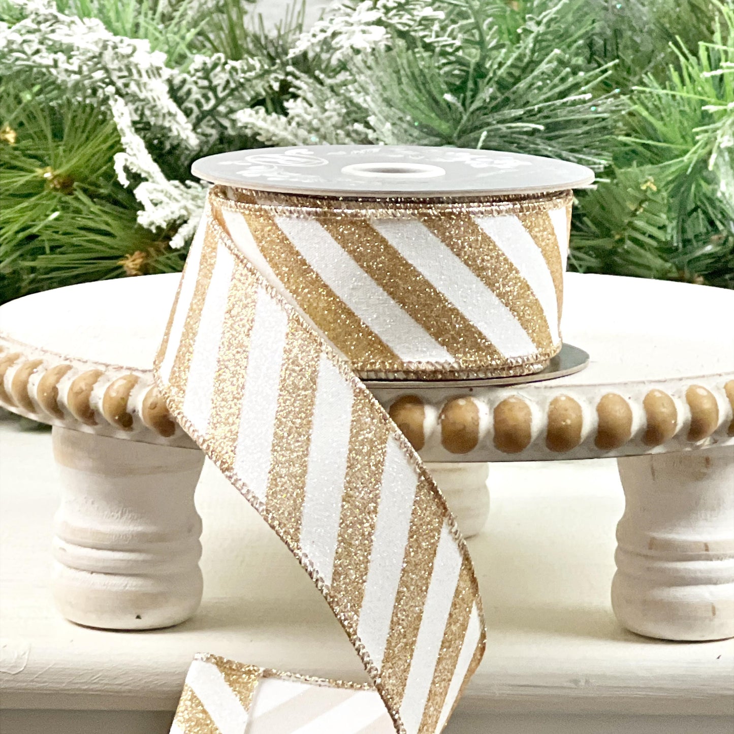 Glittered Striped Ribbon, Gold and White Striped Ribbon, Glitter Stripe Ribbon, Holiday Wired Ribbon, Elegant Designer Ribbon