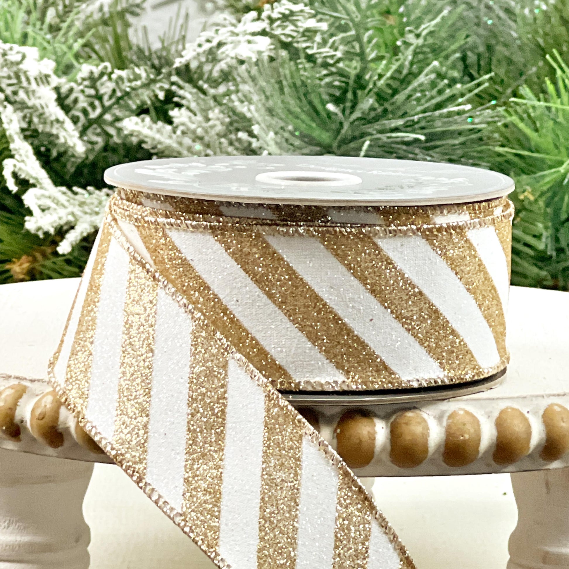 Glittered Striped Ribbon, Gold and White Striped Ribbon, Glitter Stripe Ribbon, Holiday Wired Ribbon, Elegant Designer Ribbon