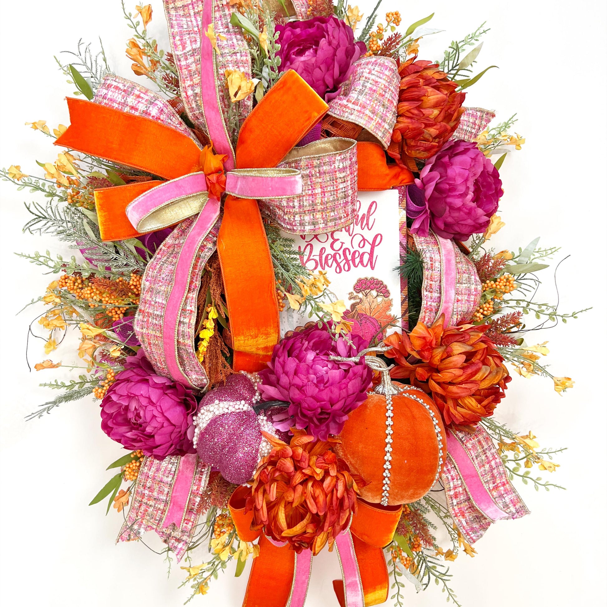 XL Fall Wreath with Jeweled Pumpkins and Designer Ribbon, Pink and Orange Fall Wreath, Bold Autumn Door Decor, BaBam Original Sign