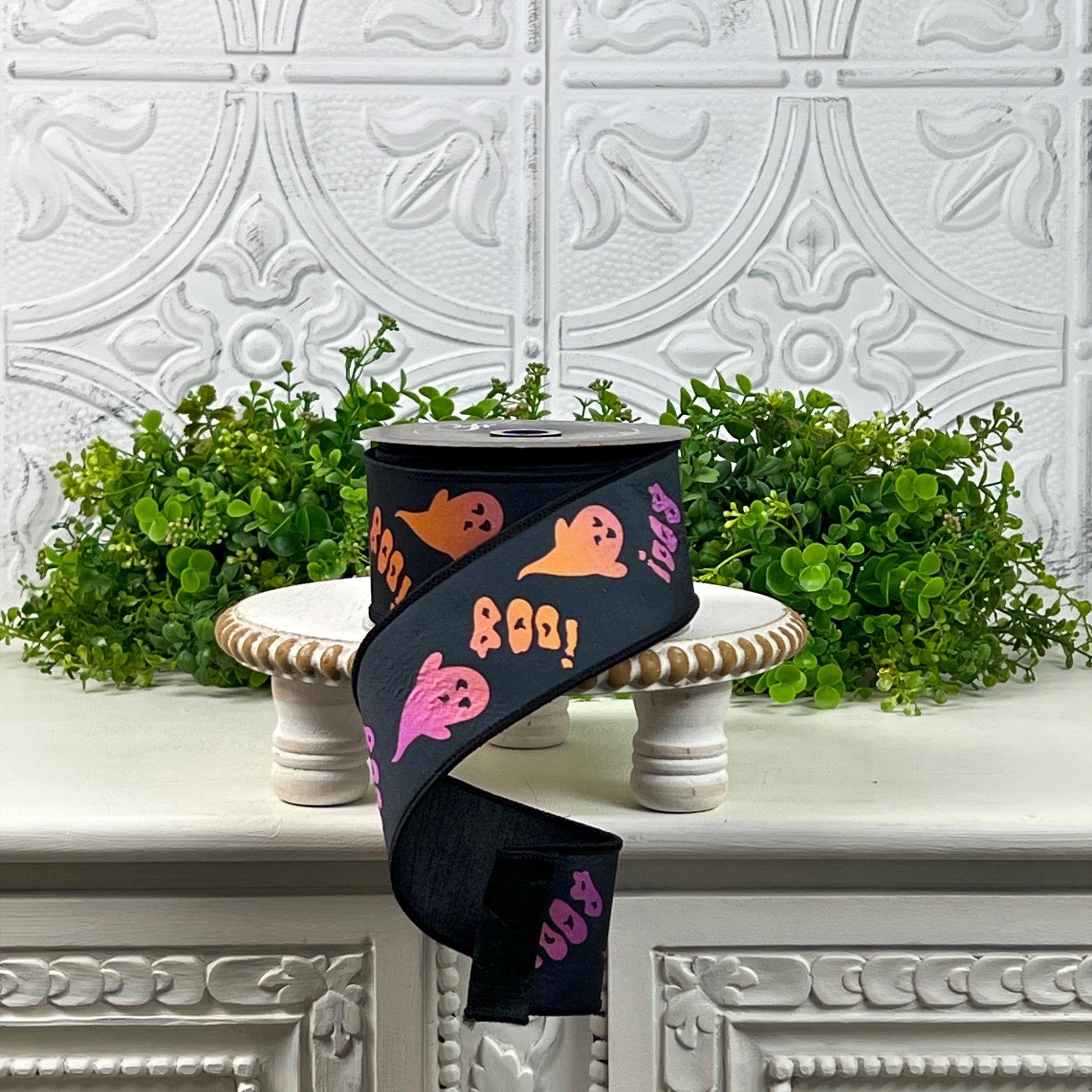 Farrisilk Halloween Ghost Ribbon, 2.5 Inch Black Ribbon with Pink Orange Purple Ghosts and Boo Text, Wired Not So Scary Halloween Trim,