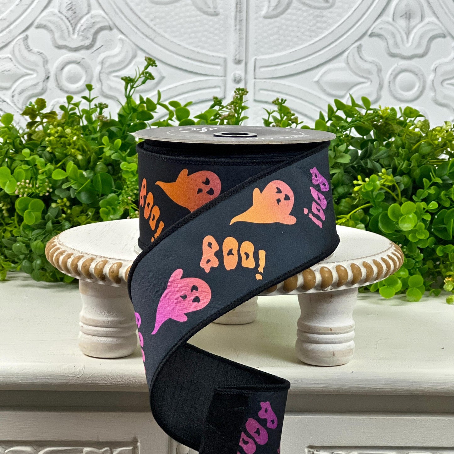 Farrisilk Halloween Ghost Ribbon, 2.5 Inch Black Ribbon with Pink Orange Purple Ghosts and Boo Text, Wired Not So Scary Halloween Trim,