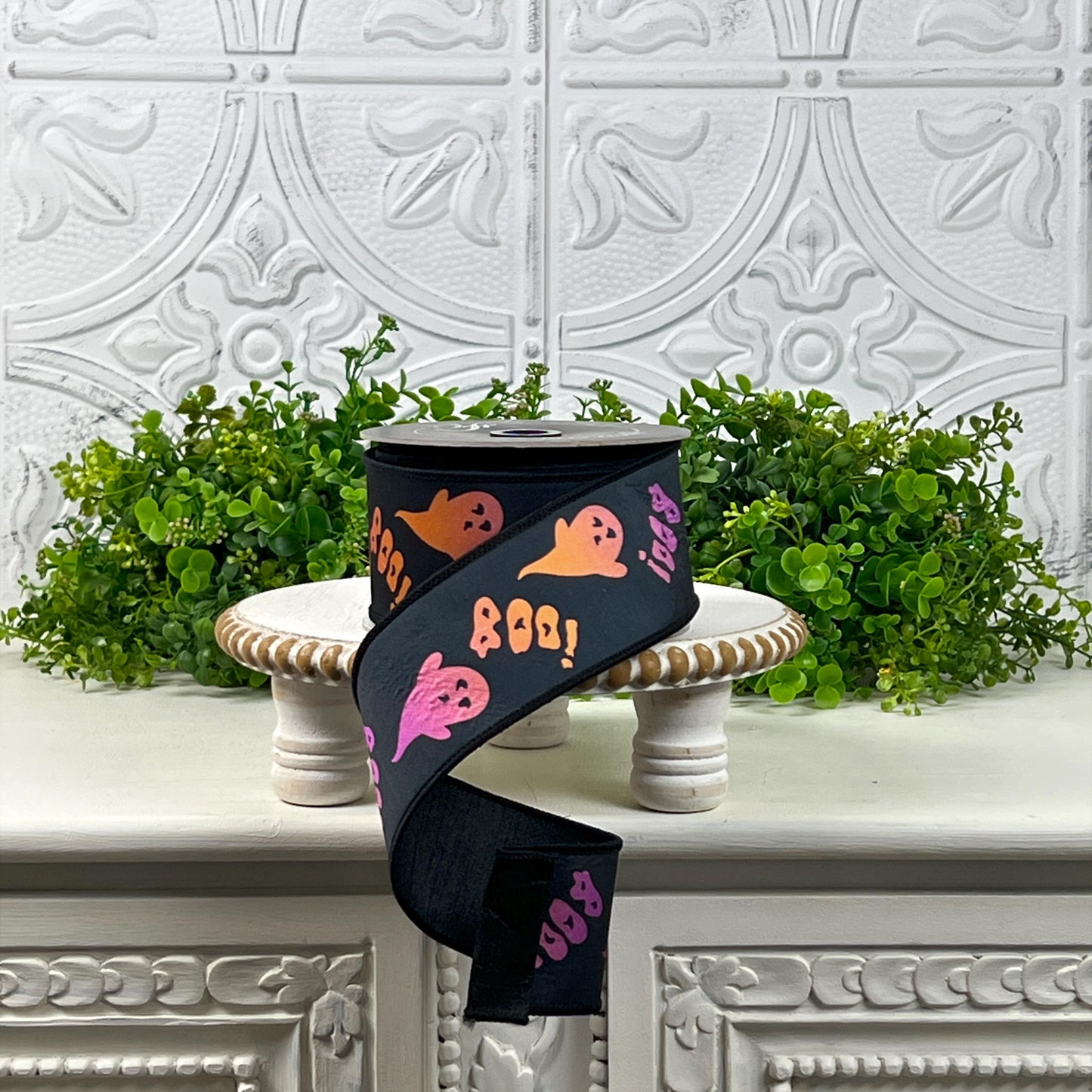 Farrisilk Halloween Ghost Ribbon, 2.5 Inch Black Ribbon with Pink Orange Purple Ghosts and Boo Text, Wired Not So Scary Halloween Trim,
