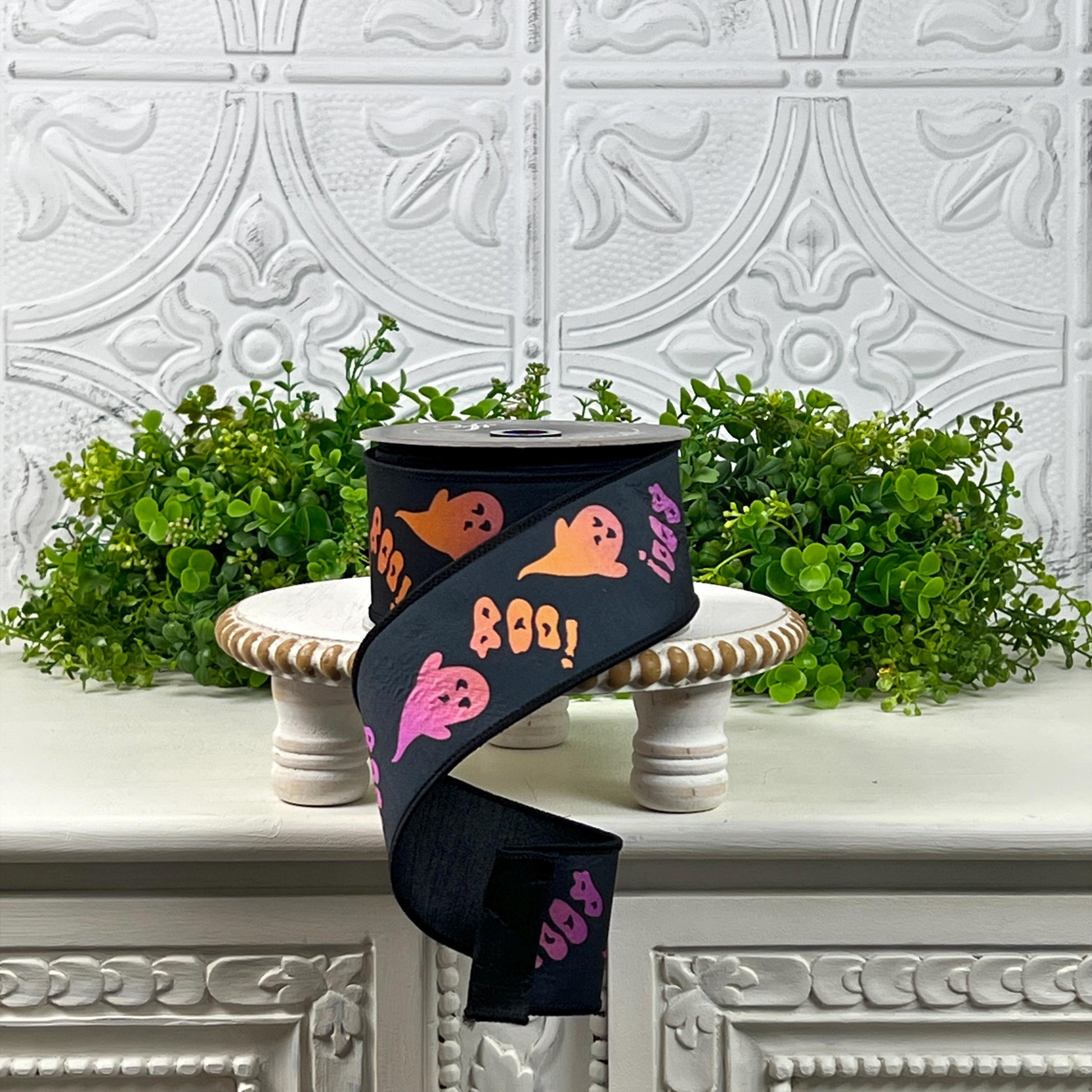 Farrisilk Halloween Ghost Ribbon, 2.5 Inch Black Ribbon with Pink Orange Purple Ghosts and Boo Text, Wired Not So Scary Halloween Trim,