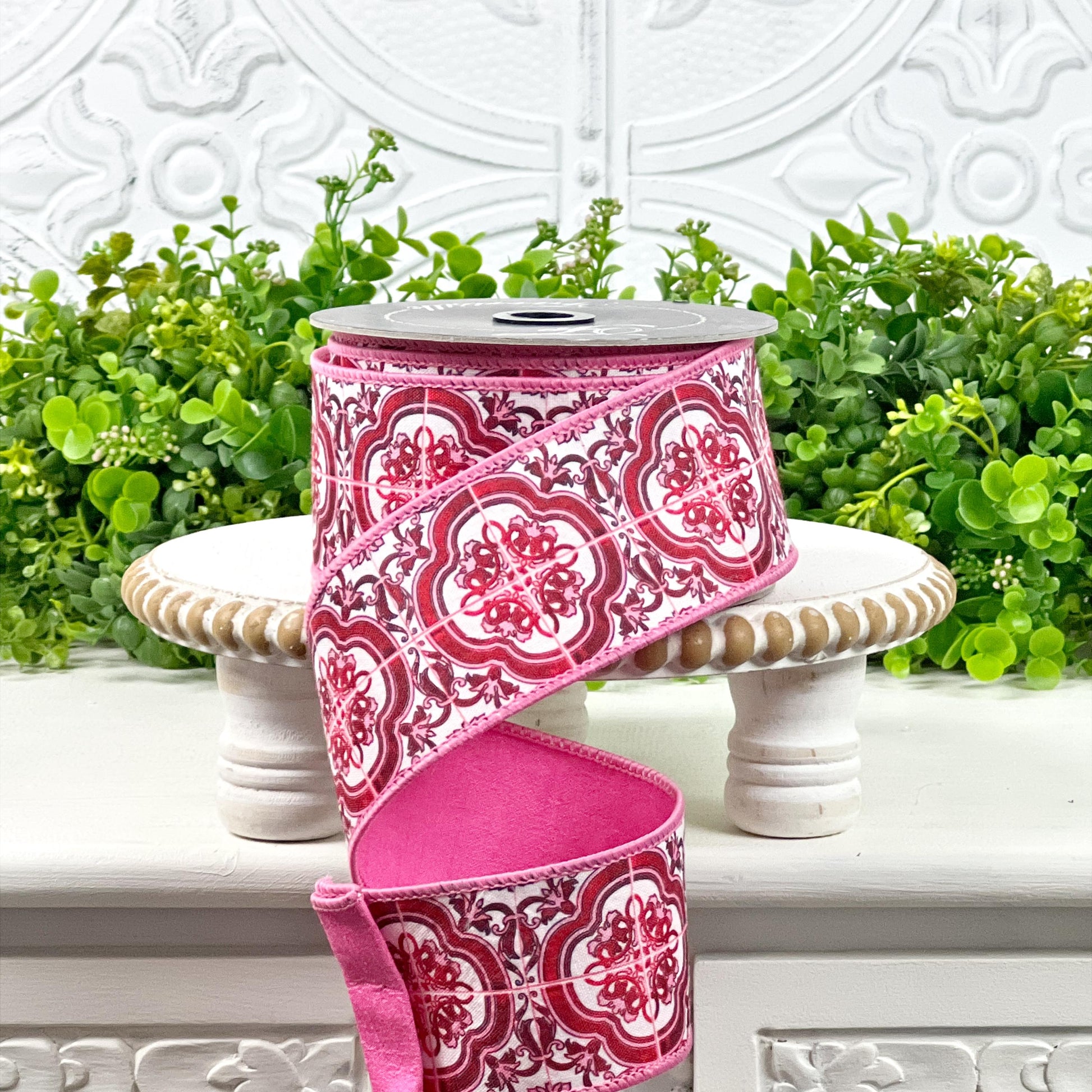 Farrisilk Messina Ribbon, Double Sided Designer Ribbon with Pink Medallion Print, Year Round Wired Ribbon for Elegant Decor
