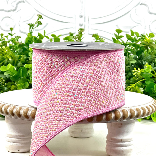 Pink Jeweled Ribbon – Farrisilk Iridescent Sparkle Ribbon in Pink | Couture Wired Designer Trim for Bows and Decor