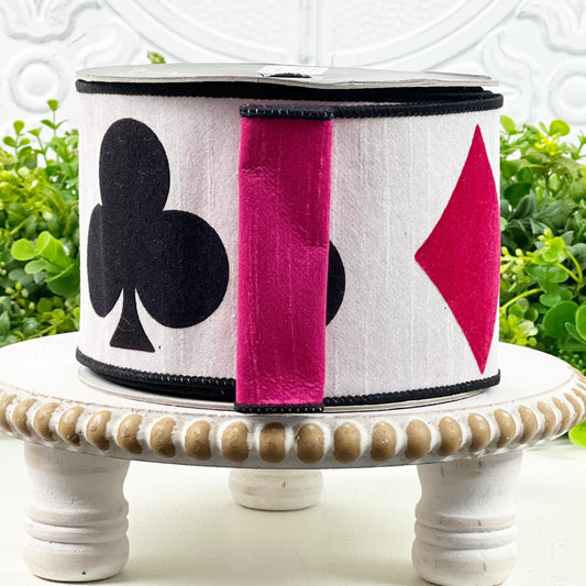 Queen of Hearts Ribbon – Farrisilk Sweet Suits Ribbon in Red and Black | Designer Playing Card Ribbon for Whimsical Decor