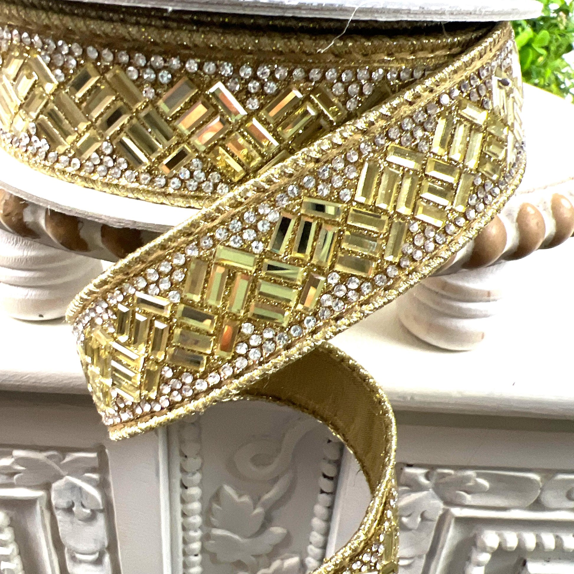 Farrisilk Gold Jeweled Ribbon, Jubilee Jewel Ribbon, Gold Jewel Ribbon, Designer Ribbon with Crystals and Beading, Glam Wired Ribbon