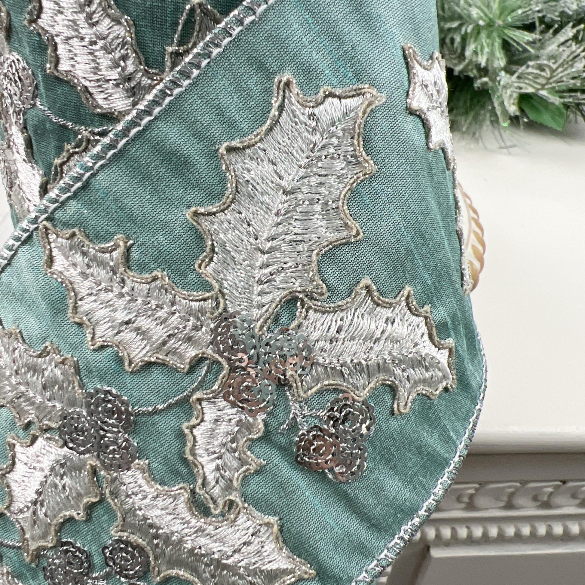 Embroidered Holly Ribbon, Aqua Holly Ribbon, Christmas Holly Ribbon, Silver Jeweled Ribbon, Designer Holiday Ribbon, Wired Christmas Ribbon