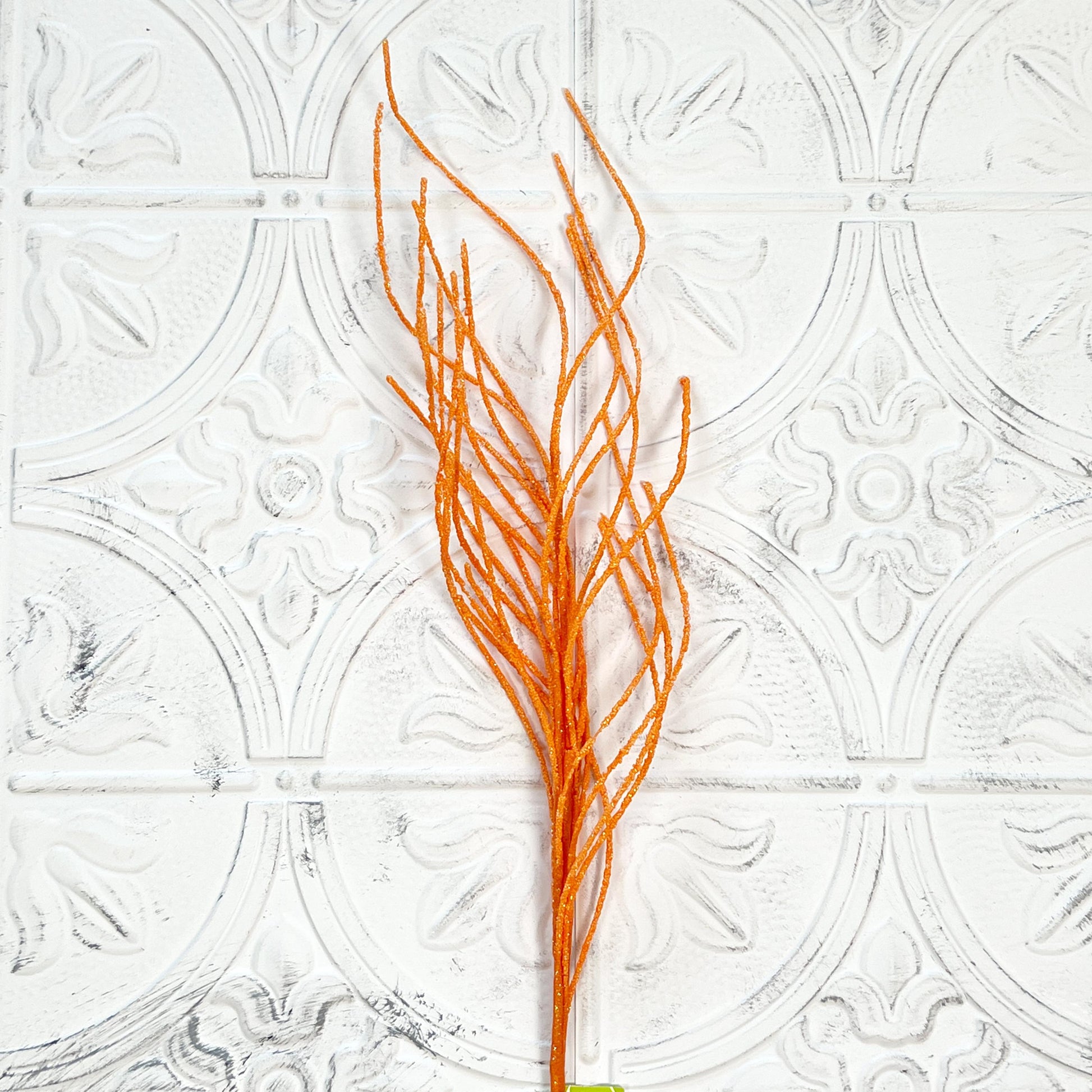 24" Orange Glitter Twig Spray | Fall & Halloween Wreath Accent | Glitter Branch Floral Pick | Autumn Decor Stem | Sparkly Twig Arrangement