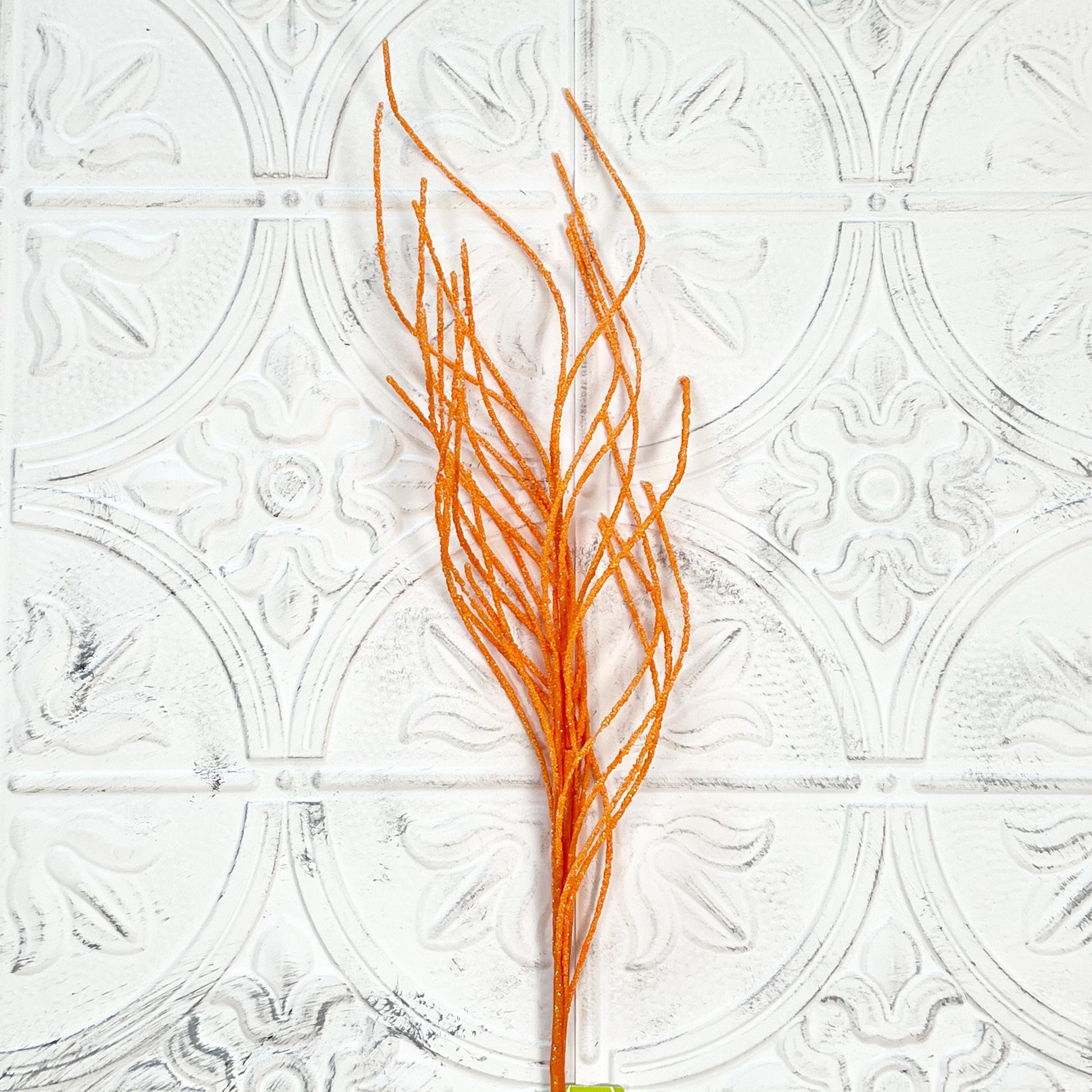 24" Orange Glitter Twig Spray | Fall & Halloween Wreath Accent | Glitter Branch Floral Pick | Autumn Decor Stem | Sparkly Twig Arrangement