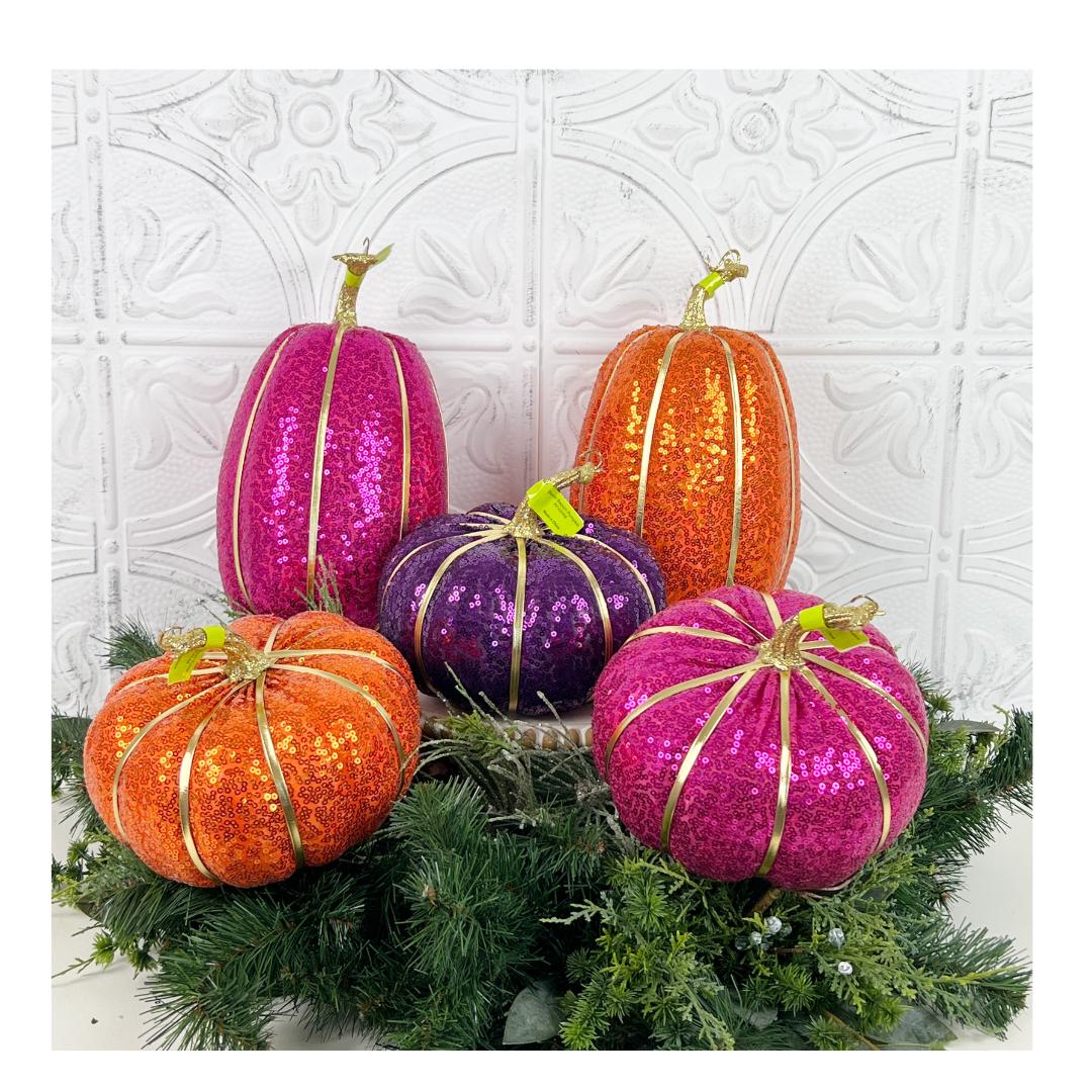 Sequin Pumpkin Decor for Fall | Pink, Purple, Orange Halloween Pumpkins | Glam Autumn Decoration | Purple Fall Pumpkin | Fall Mantle Decor