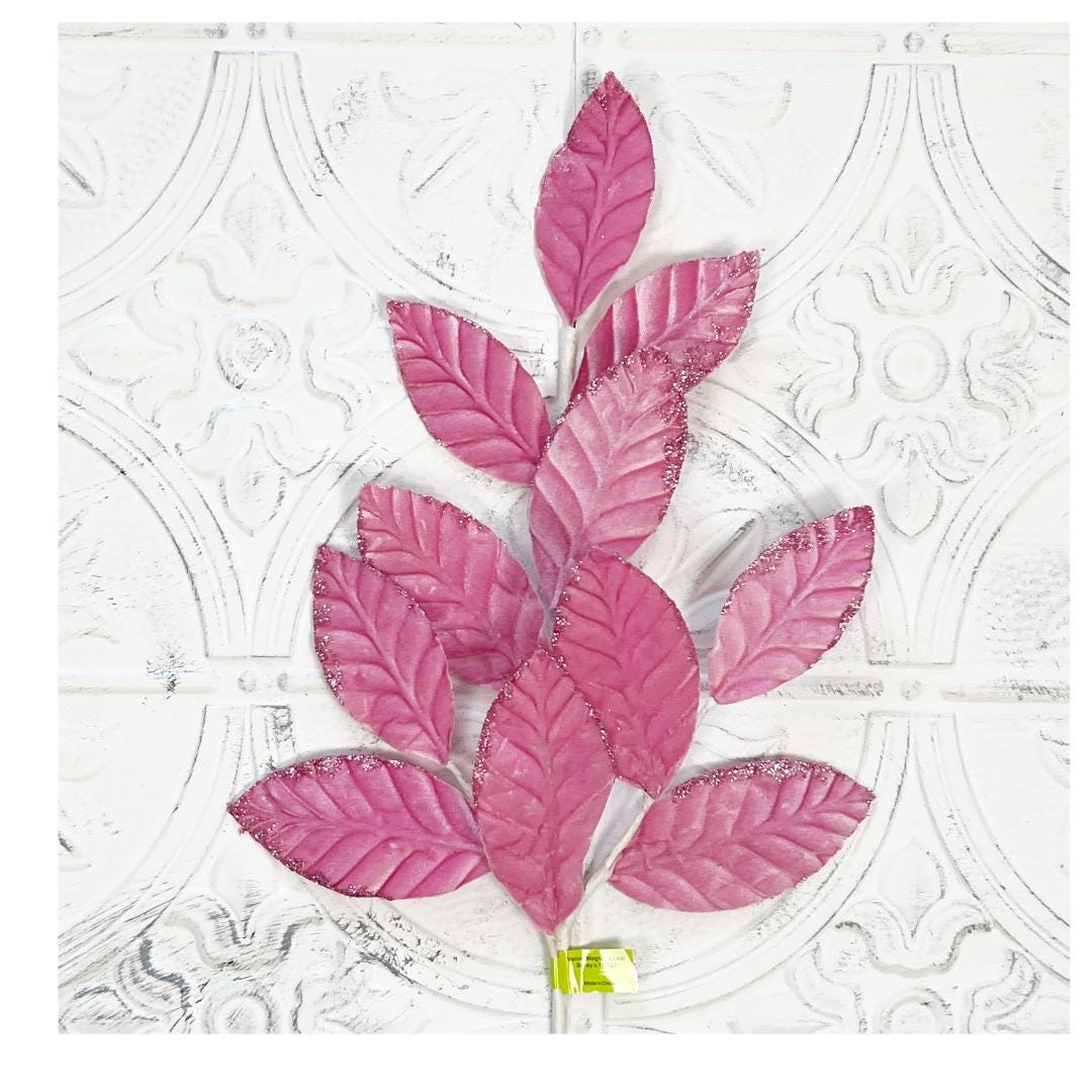 Velvet Magnolia Leaf Spray | 25" Pink Foliage Stem | Elegant Fall or Holiday Wreath Accent | Luxe Floral Pick | Pink Velvet Magnolia Leaf