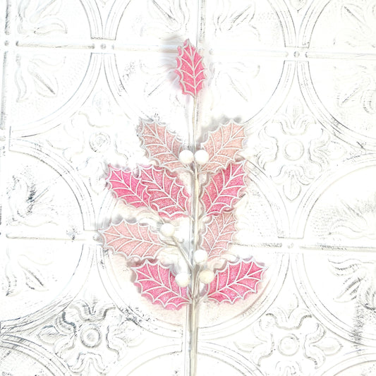 Glittered Holly Leaf Spray | 31" Pink Holiday Ball Stem | Pink Holly Leaf Spray | Glam Winter Floral Accent | Pink and White Holly