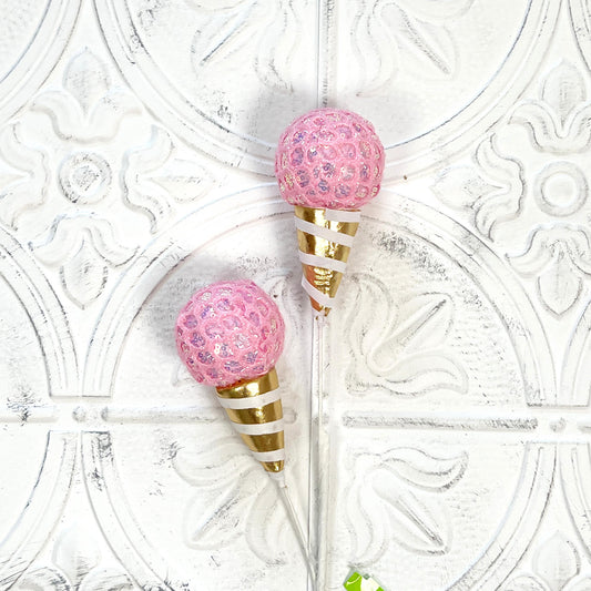 Pink Ice Cream Cone Spray | 24" Gold & Pink Wreath Pick | Sweet Treat Accent for Holiday, Birthday, or Whimsical Decor |Fake Candy|