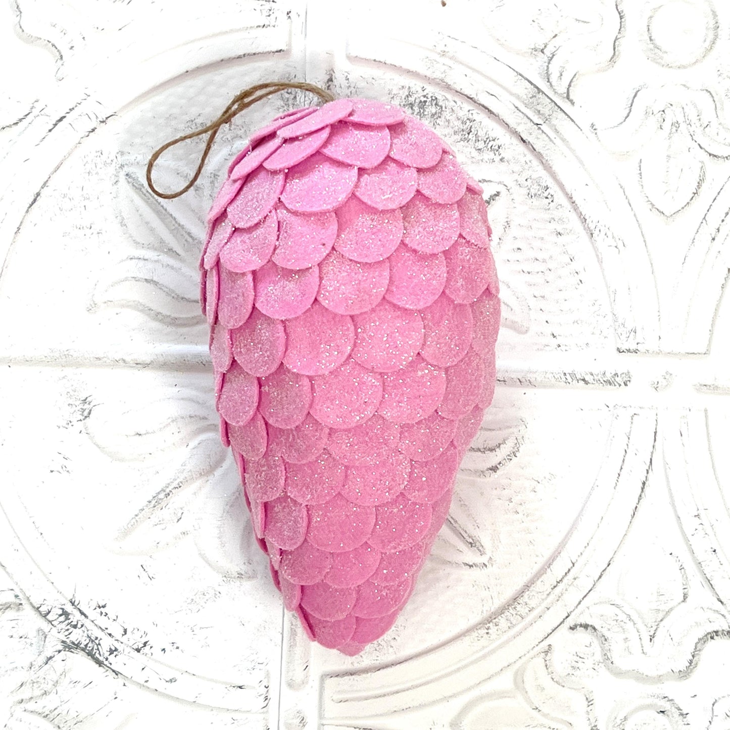 Pink Felt Pinecone Ornament, 9" Glittered Holiday Wreath Accent, Soft Christmas Pinecone for DIY, Floral, or Home Decor,