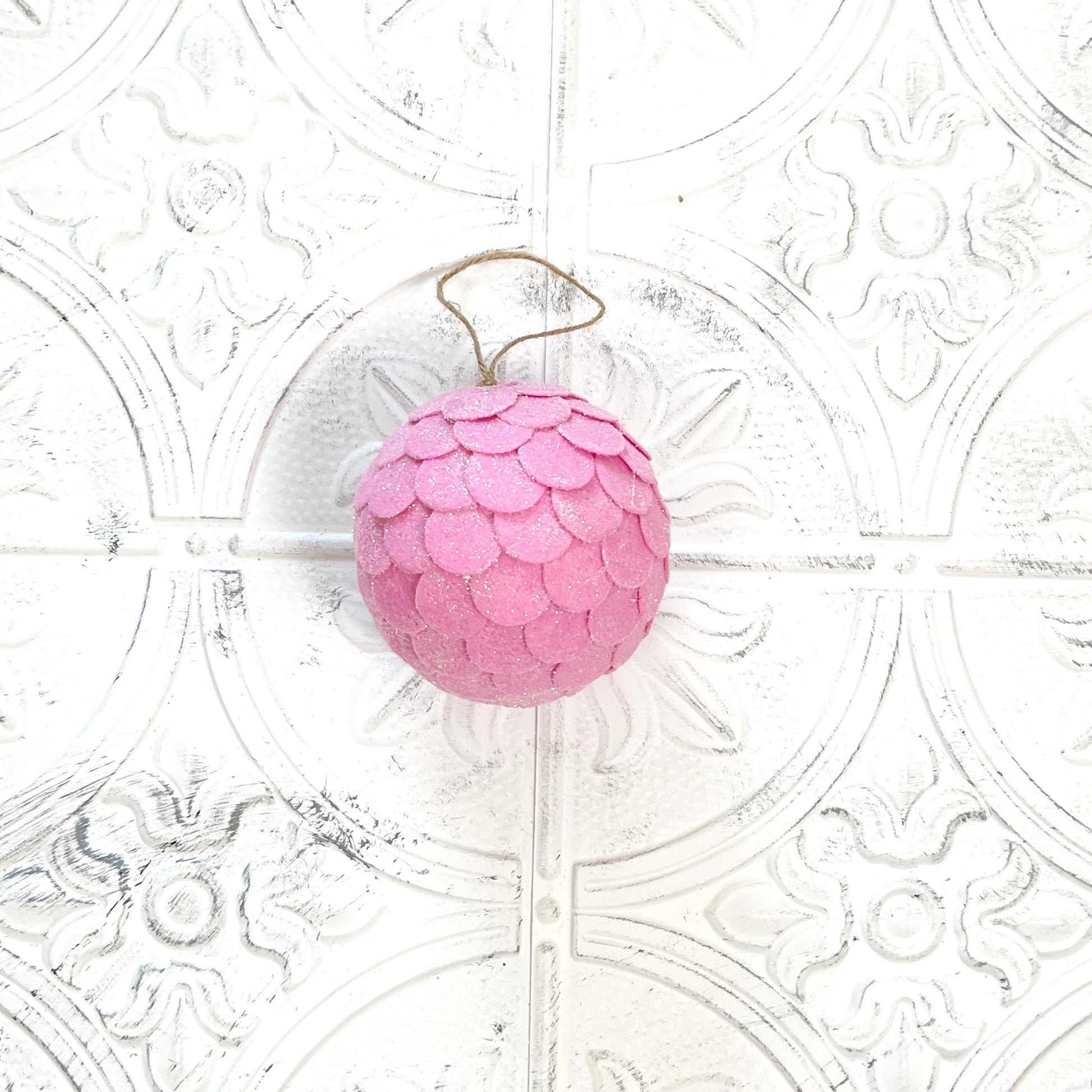 Pink Felt Ball Ornament | 5" Glittered Holiday Accent for Wreaths | Soft Christmas Decor for Floral & DIY Design | Pink Christmas Ornament