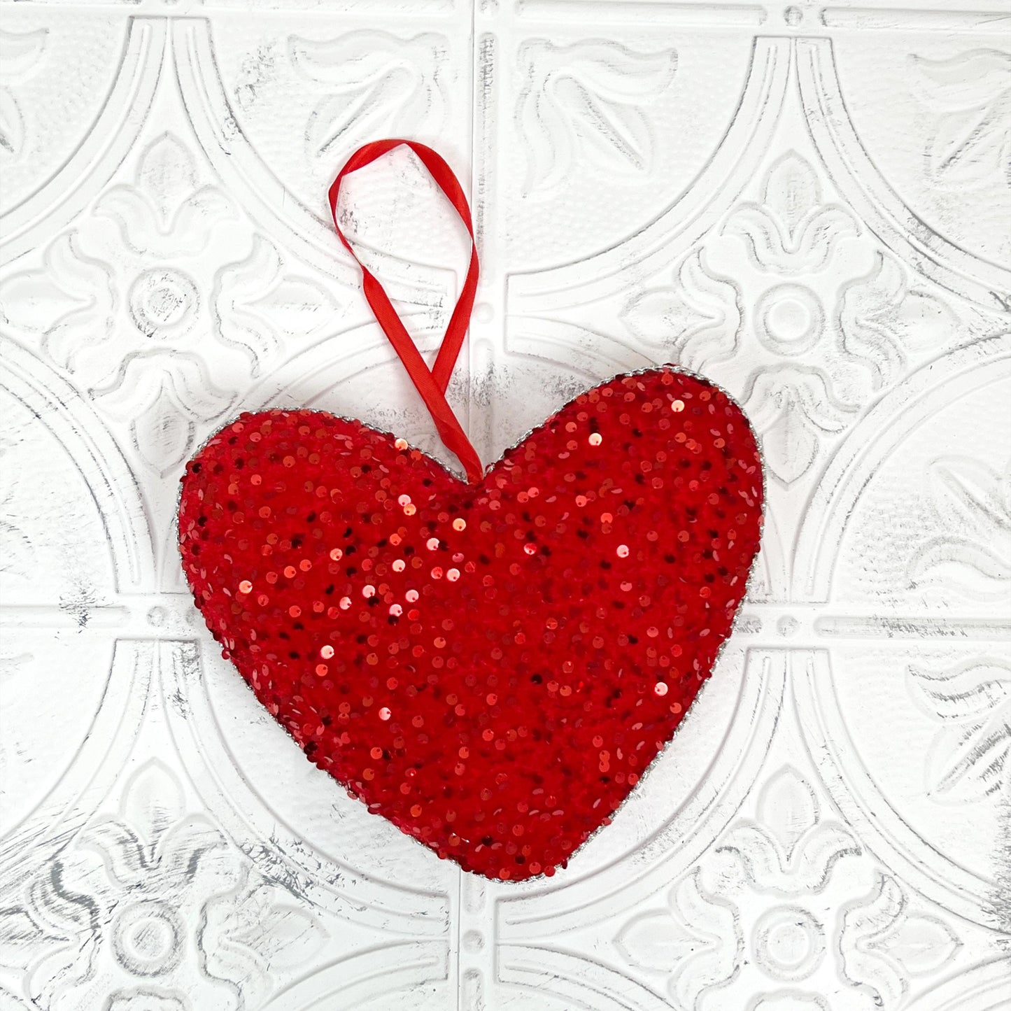 Red Sequin Heart Ornament – Sparkly Valentine’s Day Decor for Wreaths, Arrangements, or DIY Crafts, Valentine Heart Ornament,
