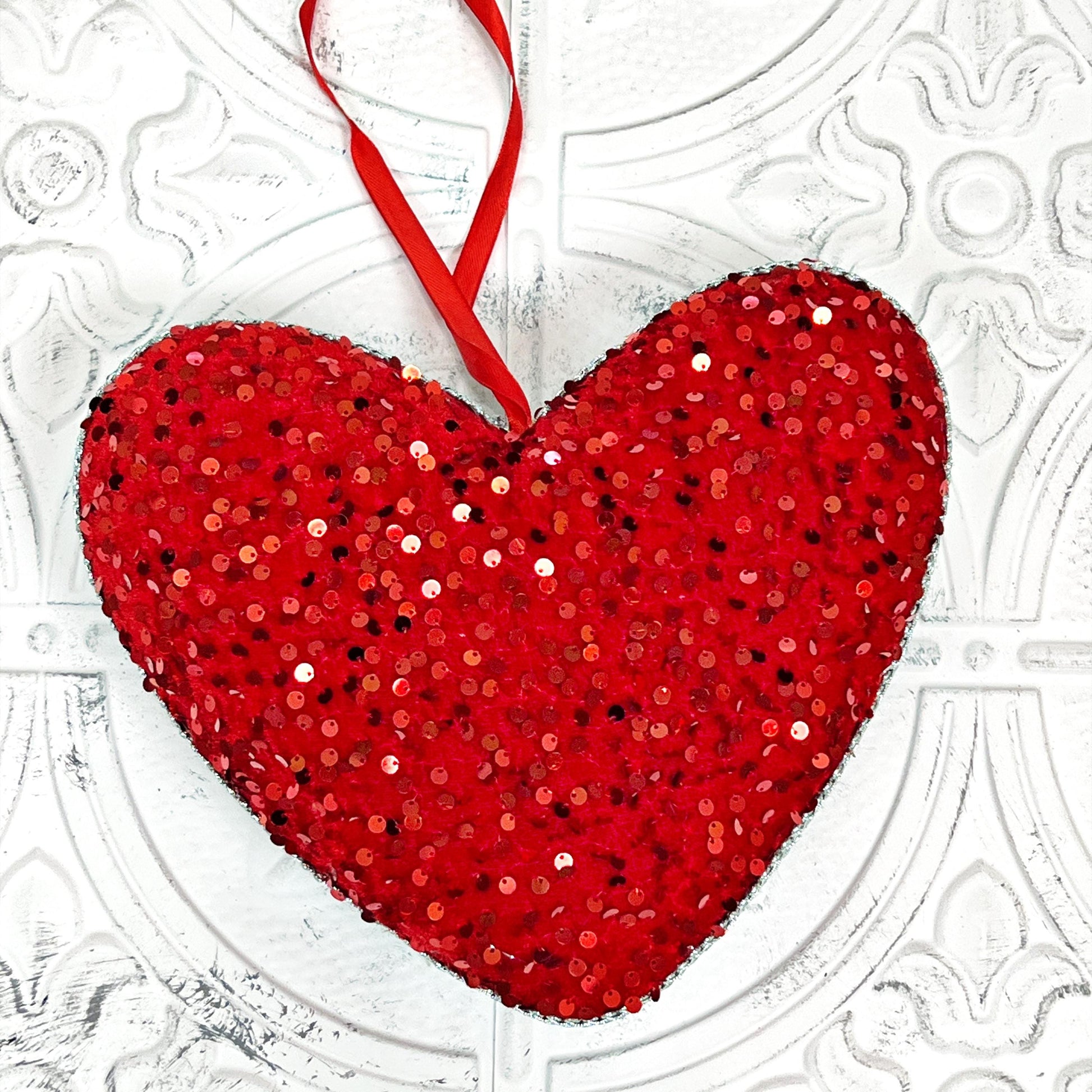 Red Sequin Heart Ornament – Sparkly Valentine’s Day Decor for Wreaths, Arrangements, or DIY Crafts, Valentine Heart Ornament,