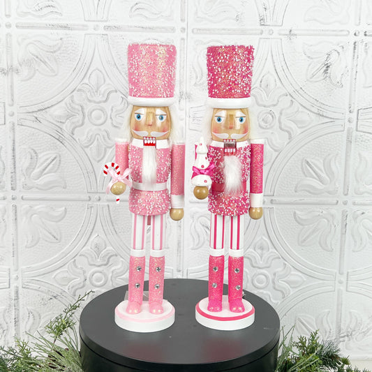 Pink Glitter Nutcracker with Pearls – Elegant Christmas Decor for Mantel, Shelf, Centerpiece, or Nutcracker Tree – Light or Dark Pink Option