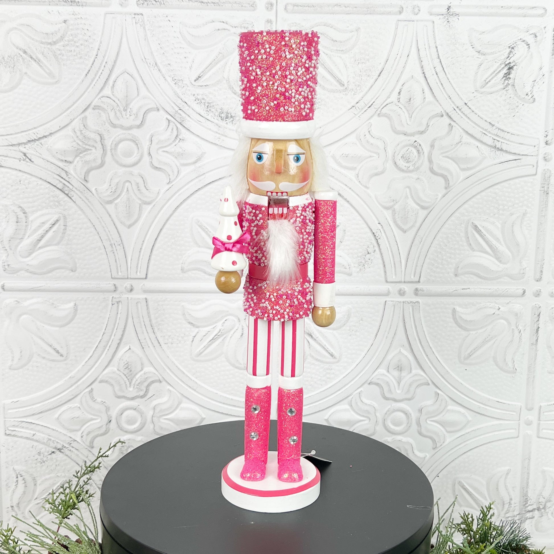 Pink Glitter Nutcracker with Pearls – Elegant Christmas Decor for Mantel, Shelf, Centerpiece, or Nutcracker Tree – Light or Dark Pink Option