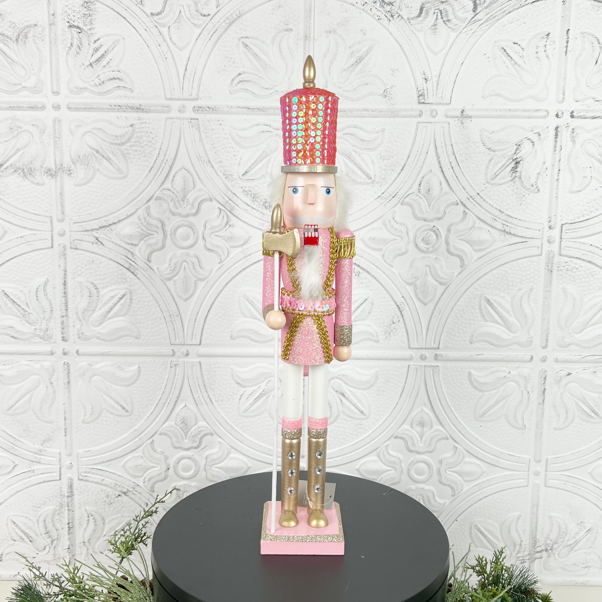 Pink Sequin Nutcracker with Glitter, Rhinestone Boots & Gold Trim – Elegant Christmas Decor in Light or Dark Pink for Holiday Displays