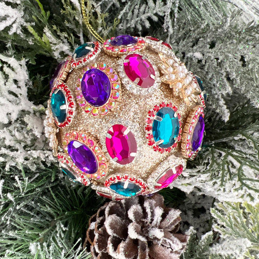 Multicolor Jeweled Brooch Ornament, Christmas Ball with Sparkling Gems for Traditional or Vintage-Inspired Styling, Jewel Ornament