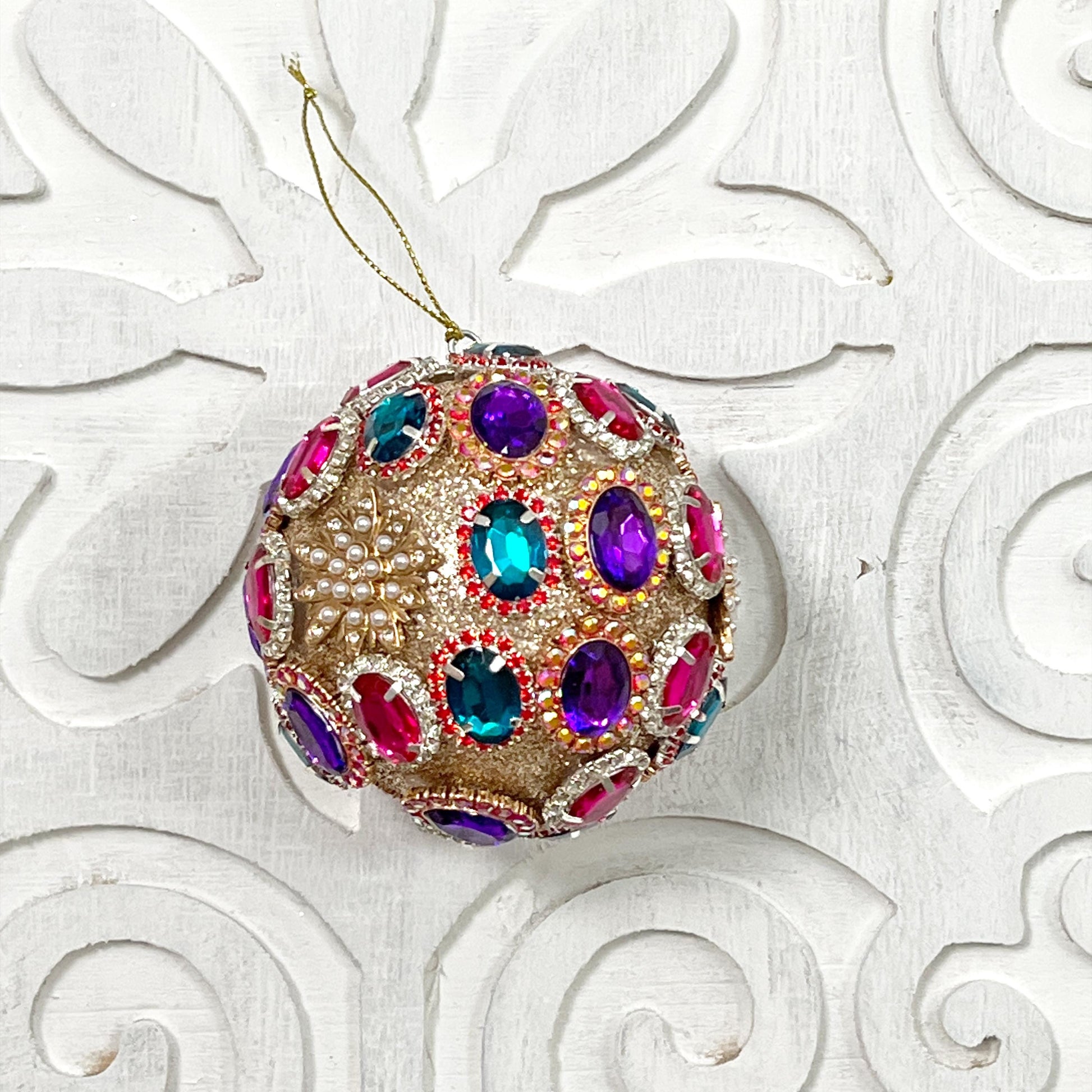 Multicolor Jeweled Brooch Ornament, Christmas Ball with Sparkling Gems for Traditional or Vintage-Inspired Styling, Jewel Ornament
