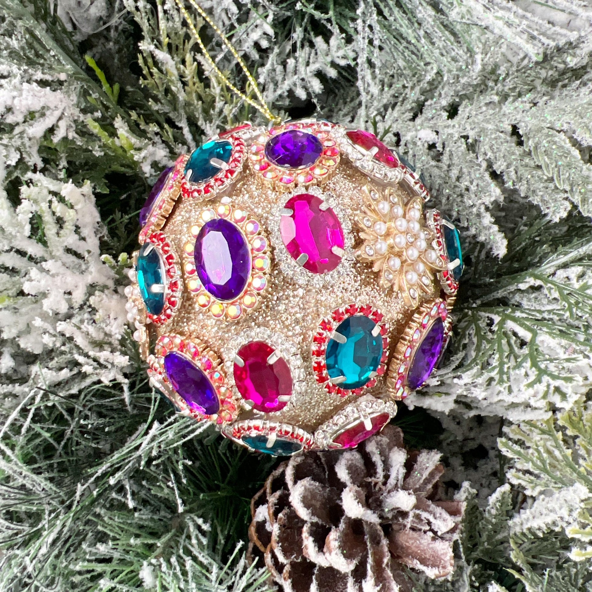 Multicolor Jeweled Brooch Ornament, Christmas Ball with Sparkling Gems for Traditional or Vintage-Inspired Styling, Jewel Ornament
