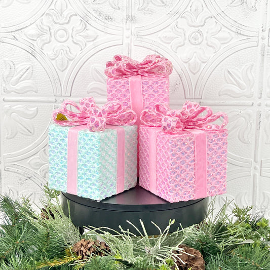 Sequined Faux Gift Box – Pink & Mint Christmas Wreath Attachment, DIY Holiday Decor Accent, Pastel Velvet Ribbon Box for Centerpieces