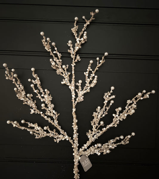Champagne Pearl Glitter Spray – 33" Jeweled Christmas Tree Floral Spray, Holiday Wreath Pick, Pearl Wedding Floral Stem for DIY Designers