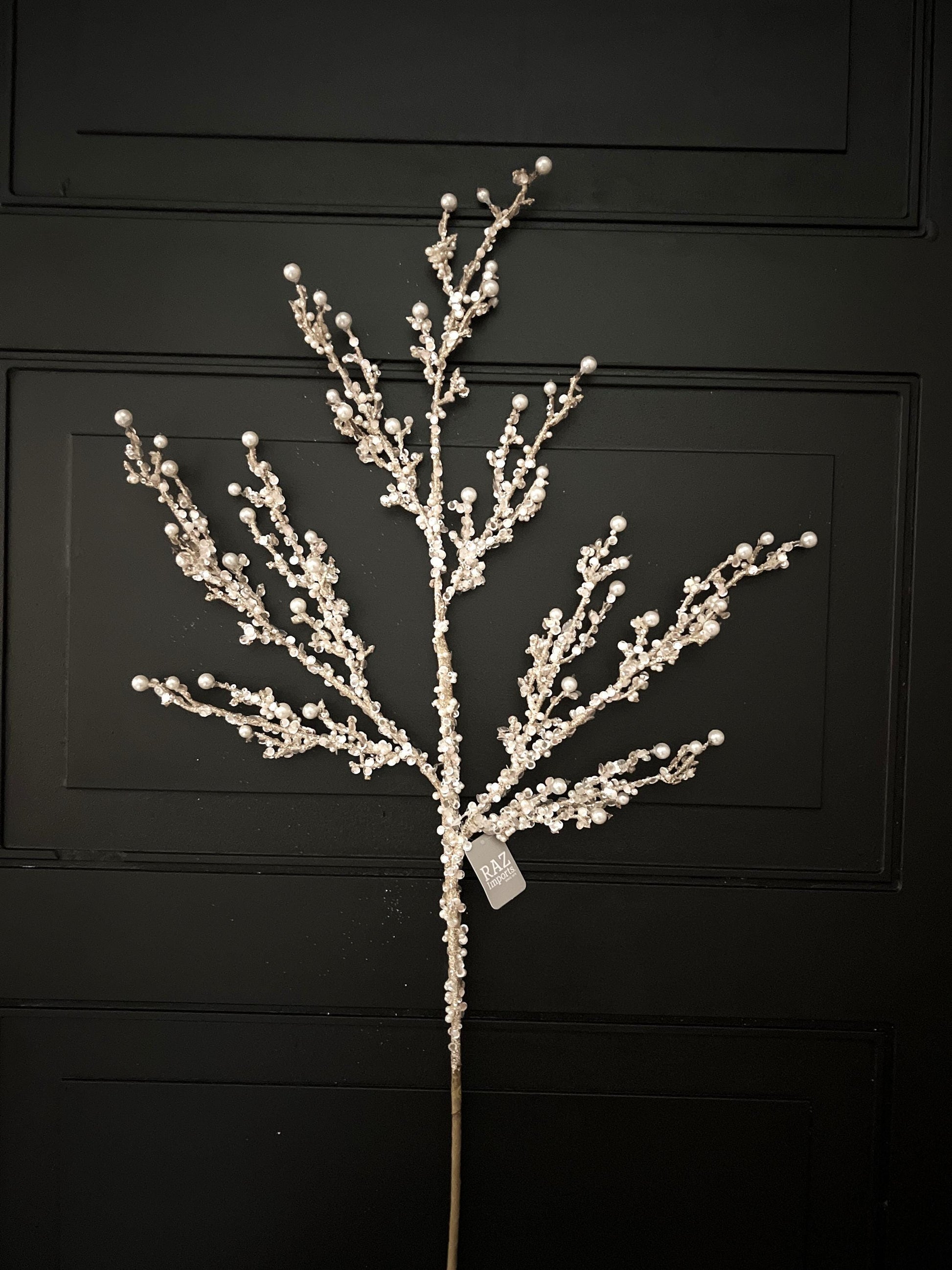 Champagne Pearl Glitter Spray – 33" Jeweled Christmas Tree Floral Spray, Holiday Wreath Pick, Pearl Wedding Floral Stem for DIY Designers