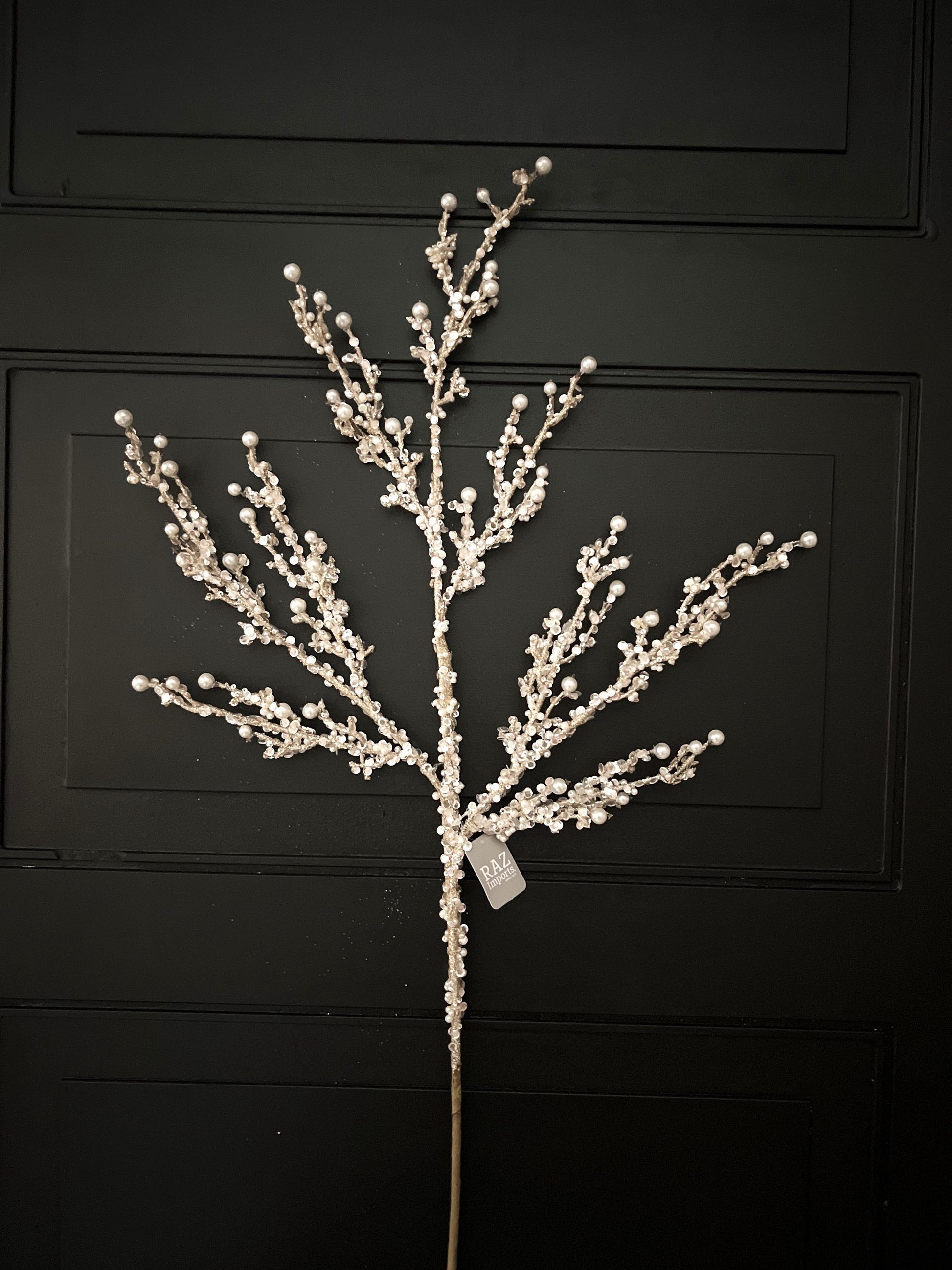 Champagne Pearl Glitter Spray – 33" Jeweled Christmas Tree Floral Spray, Holiday Wreath Pick, Pearl Wedding Floral Stem for DIY Designers