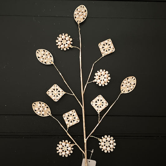 Gold Pearl Brooch Spray – Pearl and Rhinestone Wreath Pick, Wedding Floral Stem, Jeweled Christmas Tree Stem, DIY Holiday Decorating Supply