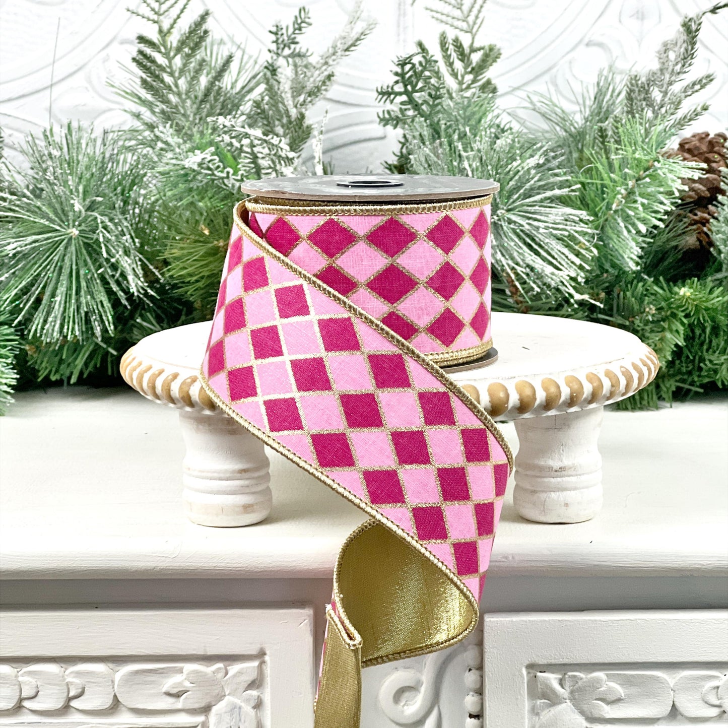 Fuchsia and Pink Harlequin Ribbon, Hot Pink Jester Ribbon, Gold Backed Harlequin Ribbon, 2.5" Wired Harlequin Ribbon, Designer Ribbon