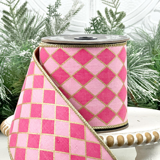 Fuchsia and Pink Harlequin Ribbon, Pink and Gold Jester Ribbon, Gold Backed Harlequin Ribbon, 4" Wired Harlequin Ribbon, Designer Ribbon