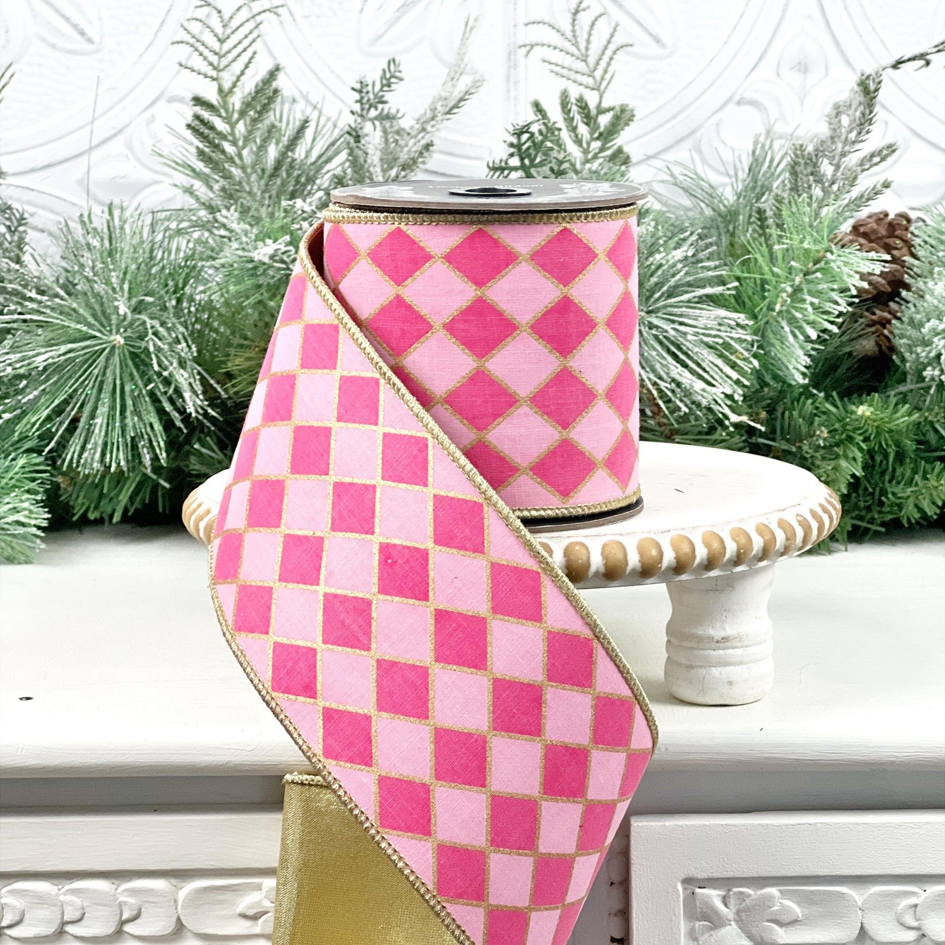 Fuchsia and Pink Harlequin Ribbon, Pink and Gold Jester Ribbon, Gold Backed Harlequin Ribbon, 4" Wired Harlequin Ribbon, Designer Ribbon