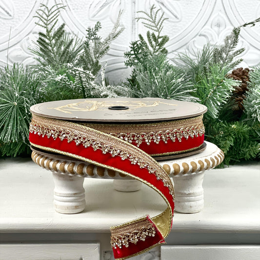 D. Stevens Jeweled Red Velvet Ribbon, Gold Backed Crystal Trim Ribbon, 1.5" Holiday Ribbon, Winter Wedding Ribbon, Red and Gold Velvet