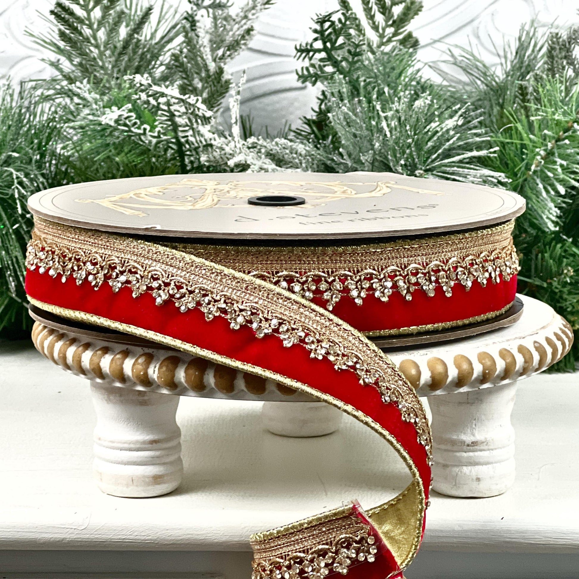 D. Stevens Jeweled Red Velvet Ribbon, Gold Backed Crystal Trim Ribbon, 1.5" Holiday Ribbon, Winter Wedding Ribbon, Red and Gold Velvet