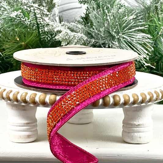 D. Stevens Hot Pink and Orange Jeweled Ribbon, Hot Pink and Orange Jeweled Ribbon, Crystal Trim Velvet Ribbon, Elegant Fall Holiday Ribbon