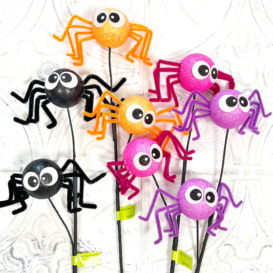 21" Glittered Halloween Spider Spray | Not-So-Spooky Wreath Pick | Black, Orange, Pink, or Purple | Cute Halloween Glitter Decor Stem