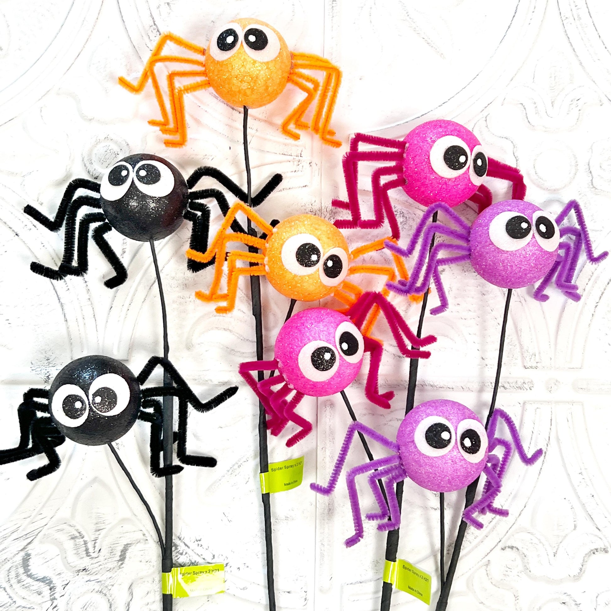 21" Glittered Halloween Spider Spray | Not-So-Spooky Wreath Pick | Black, Orange, Pink, or Purple | Cute Halloween Glitter Decor Stem