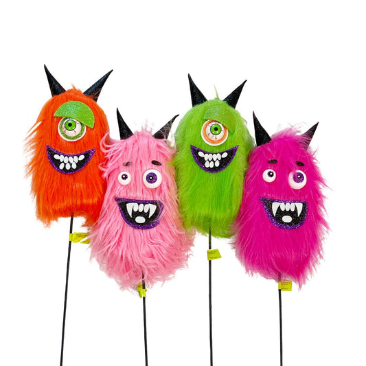 24" Furry Monster Spray | Green, Orange, Pink, or Magenta | Whimsical Halloween Wreath Pick | Not-So-Scary Decor | Cute Monster Stem