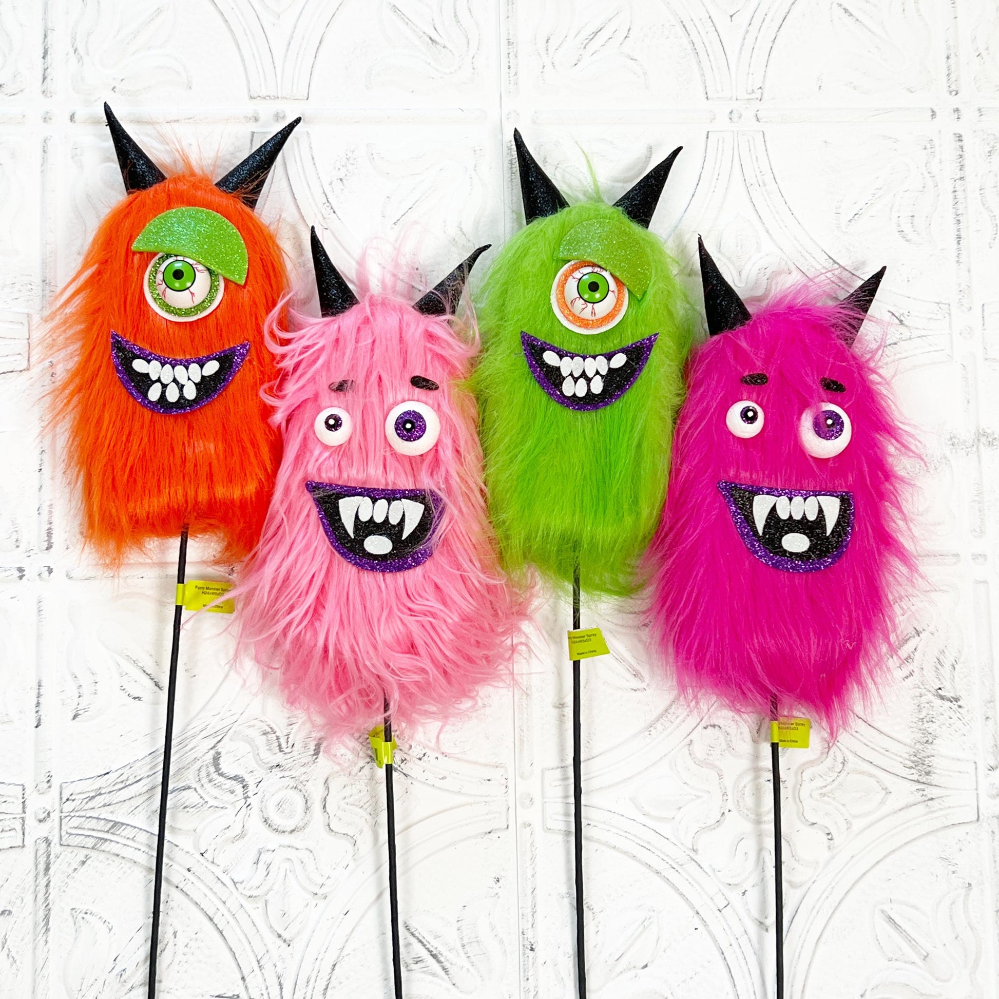 24" Furry Monster Spray | Green, Orange, Pink, or Magenta | Whimsical Halloween Wreath Pick | Not-So-Scary Decor | Cute Monster Stem