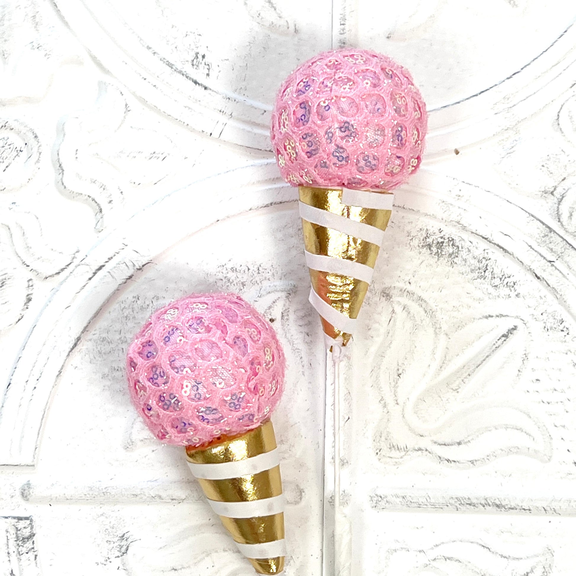 Pink Ice Cream Cone Spray | 24" Gold & Pink Wreath Pick | Sweet Treat Accent for Holiday, Birthday, or Whimsical Decor |Fake Candy|