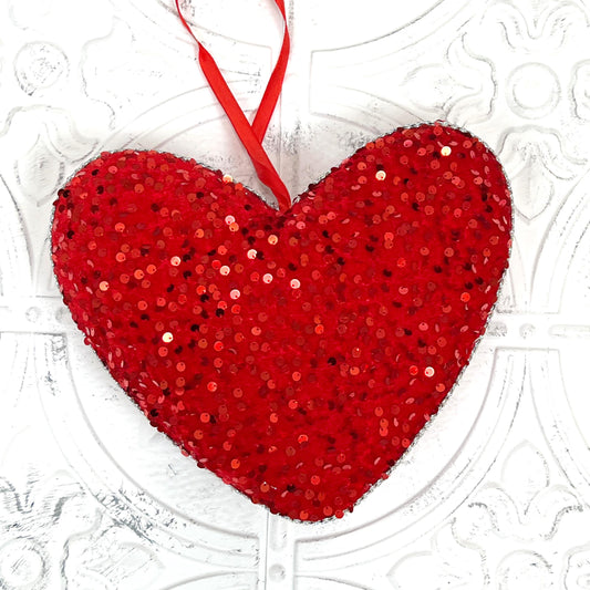 Red Sequin Heart Ornament – Sparkly Valentine’s Day Decor for Wreaths, Arrangements, or DIY Crafts, Valentine Heart Ornament,