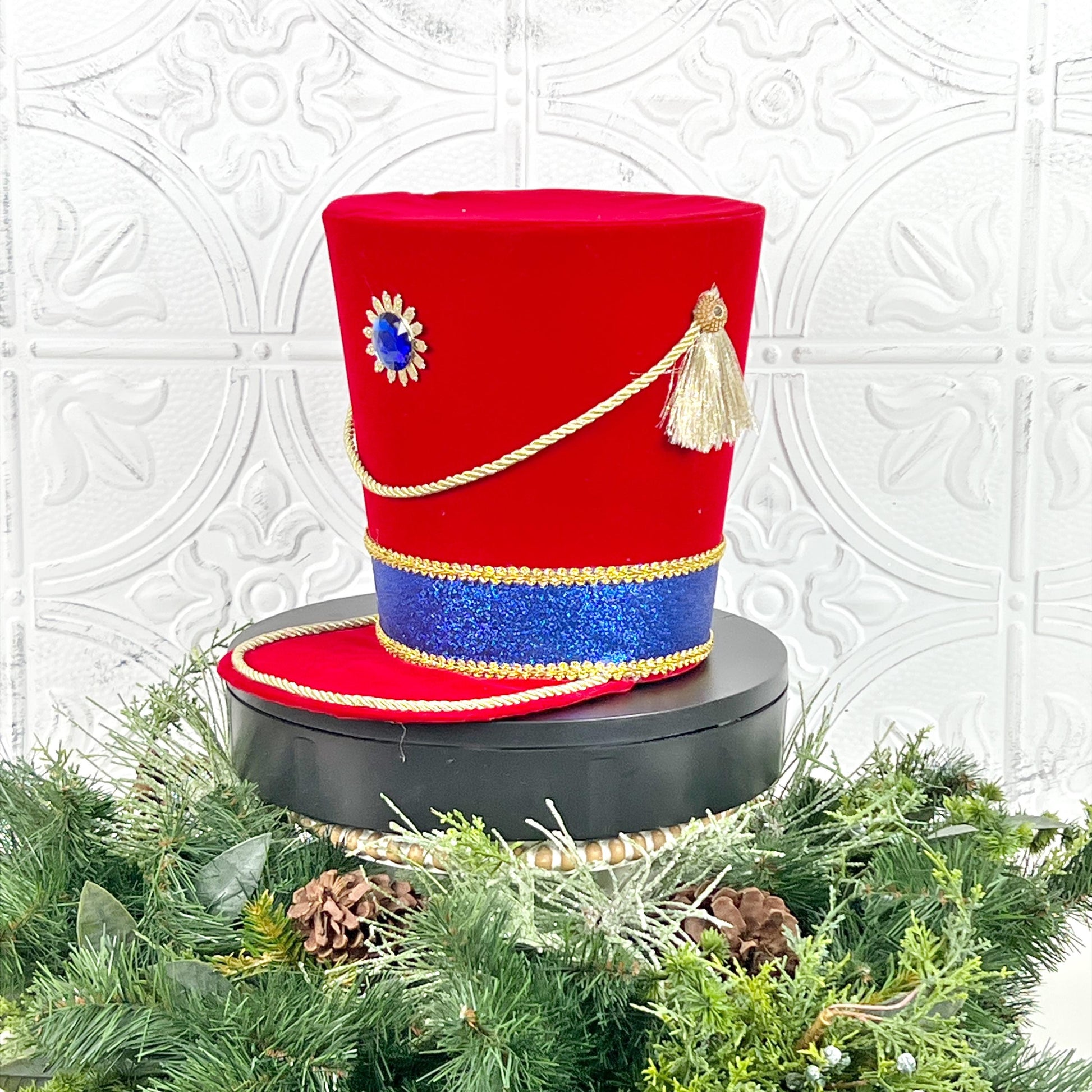 Red Velvet Nutcracker Hat Tree Topper with Blue Glitter Band & Gold Trim, Nutcracker Hat for Wreath, Nutcracker Decor, Red Nutcracker Hat